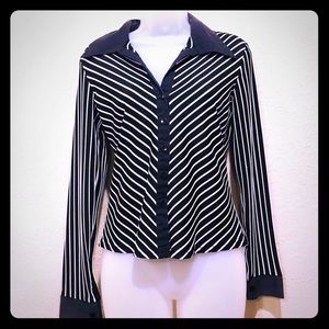 90s Vintage}Black/white stripe stretch button down